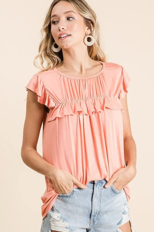 BiBi Jersey Knit Gathered Top with Ruffles OutfitFlow