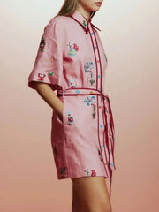 Printed Tie Waist Half Sleeve Shirt Dress OutfitFlow