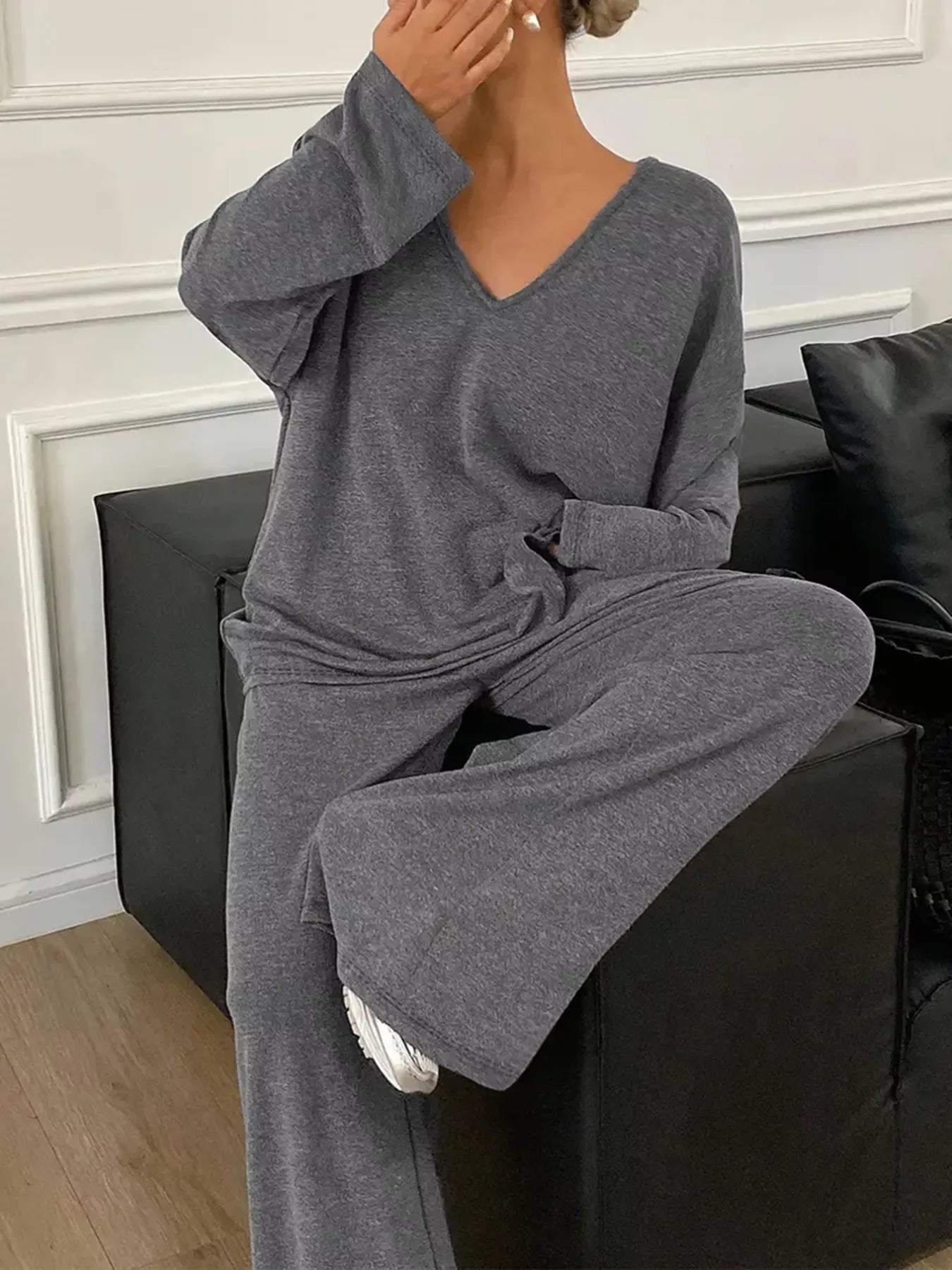 Plus Size Relaxed Fit V-Neck Top and Pants Set OutfitFlow