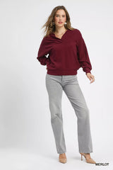 Umgee Linen Long Sleeves Elastic Hem Blouse OutfitFlow