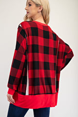 Celeste Full Size High-Low Plaid Round Neck Sweatshirt