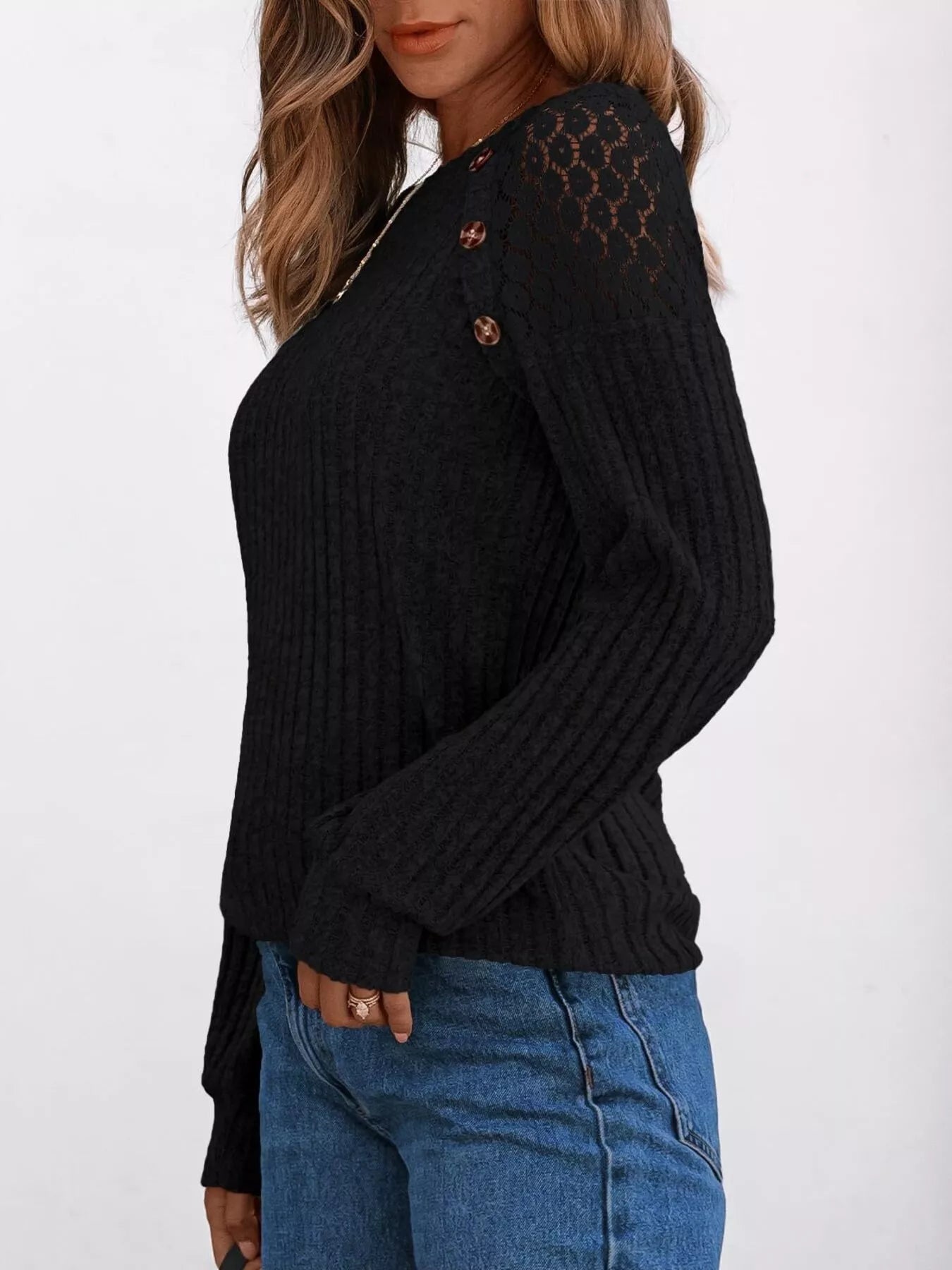 Ribbed Knit T-Shirt with Lace Shoulder Detail OutfitFlow