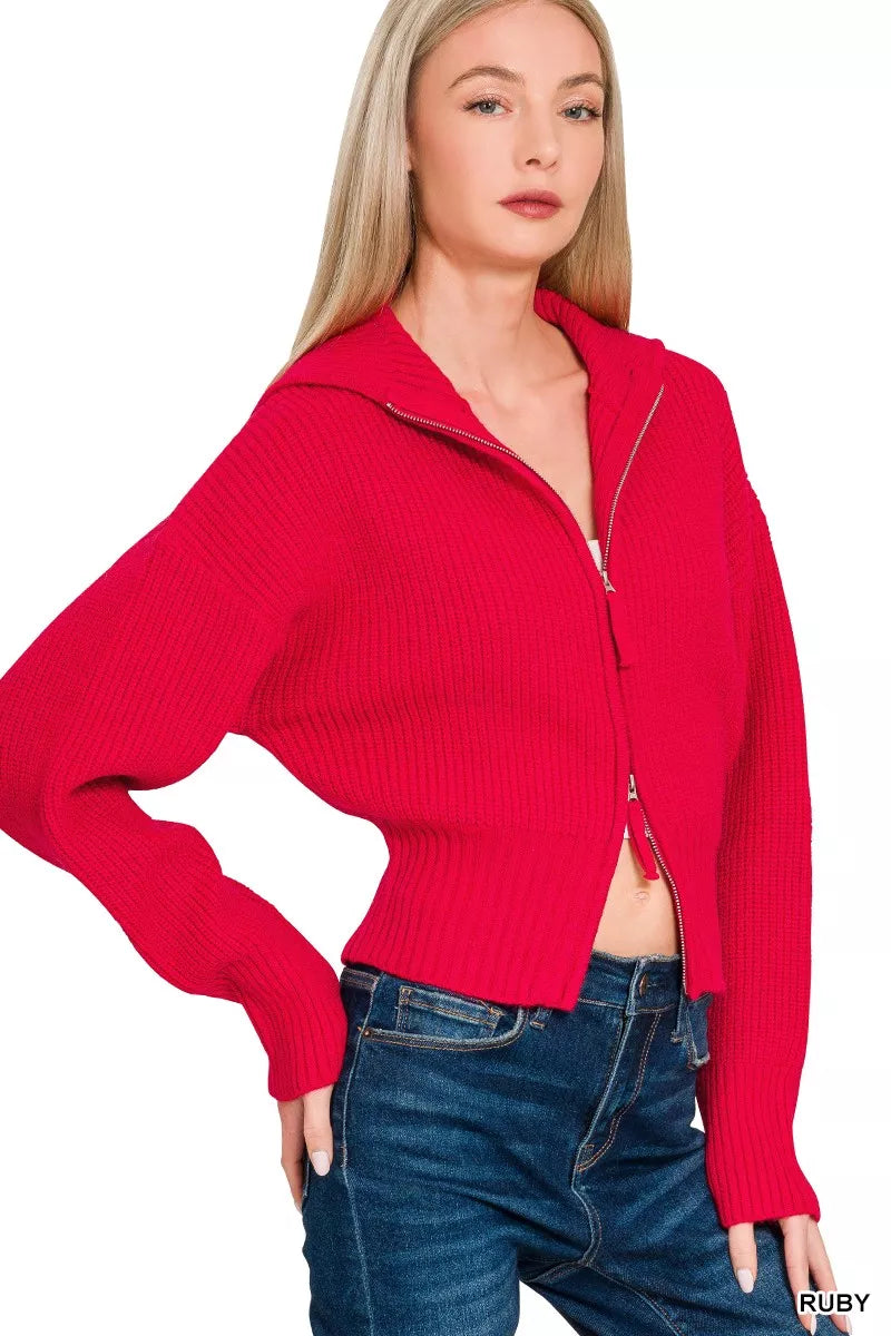 Zenana Ribbed Collared Zip Up Sweater Cardigan OutfitFlow