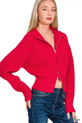 Zenana Ribbed Collared Zip Up Sweater Cardigan OutfitFlow