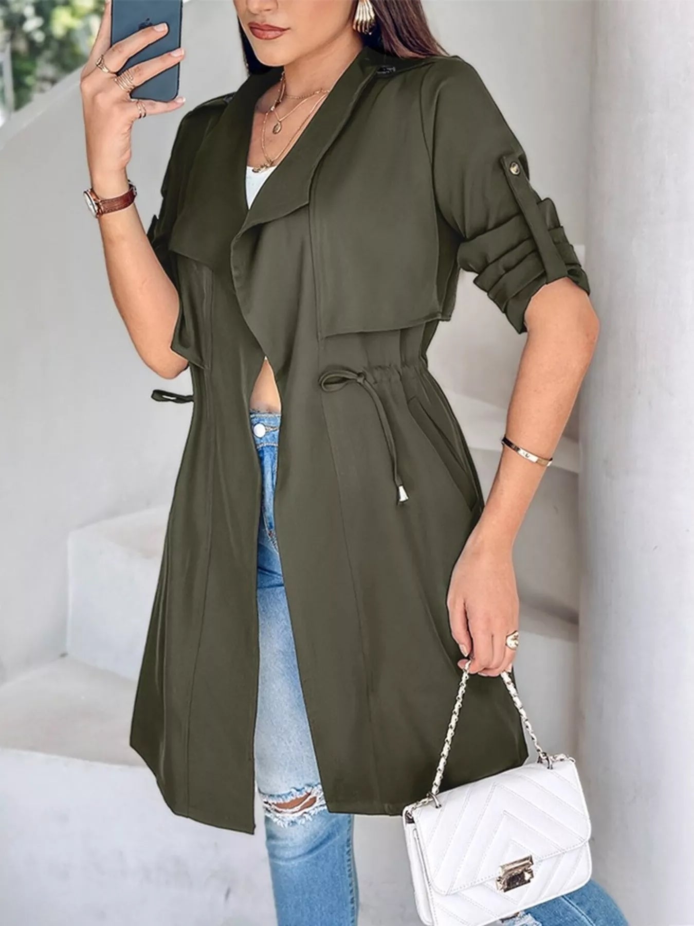 Drape Collar Lightweight Trench Coat OutfitFlow