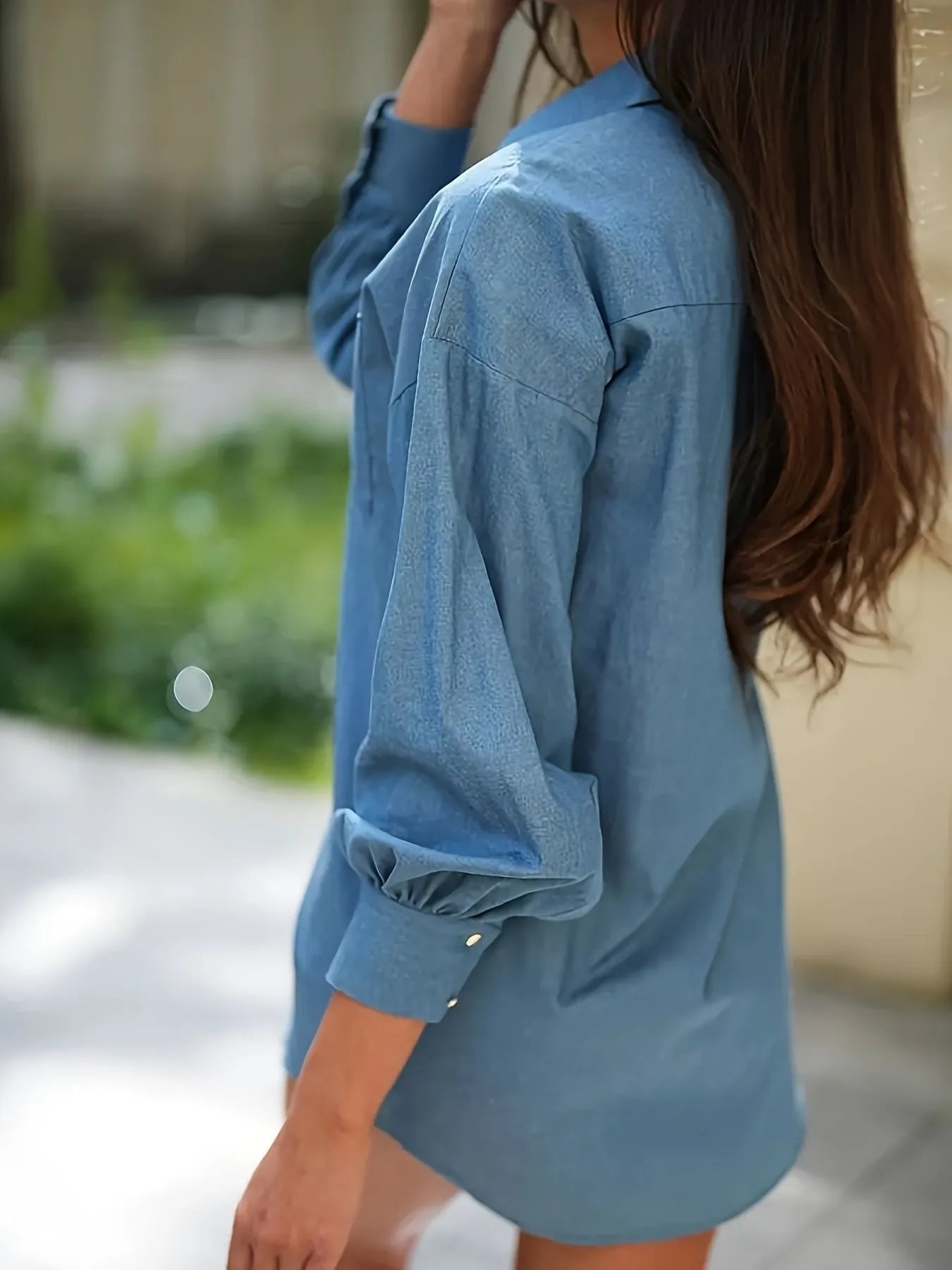 Button Up Lantern Sleeve Oversized Shirt OutfitFlow