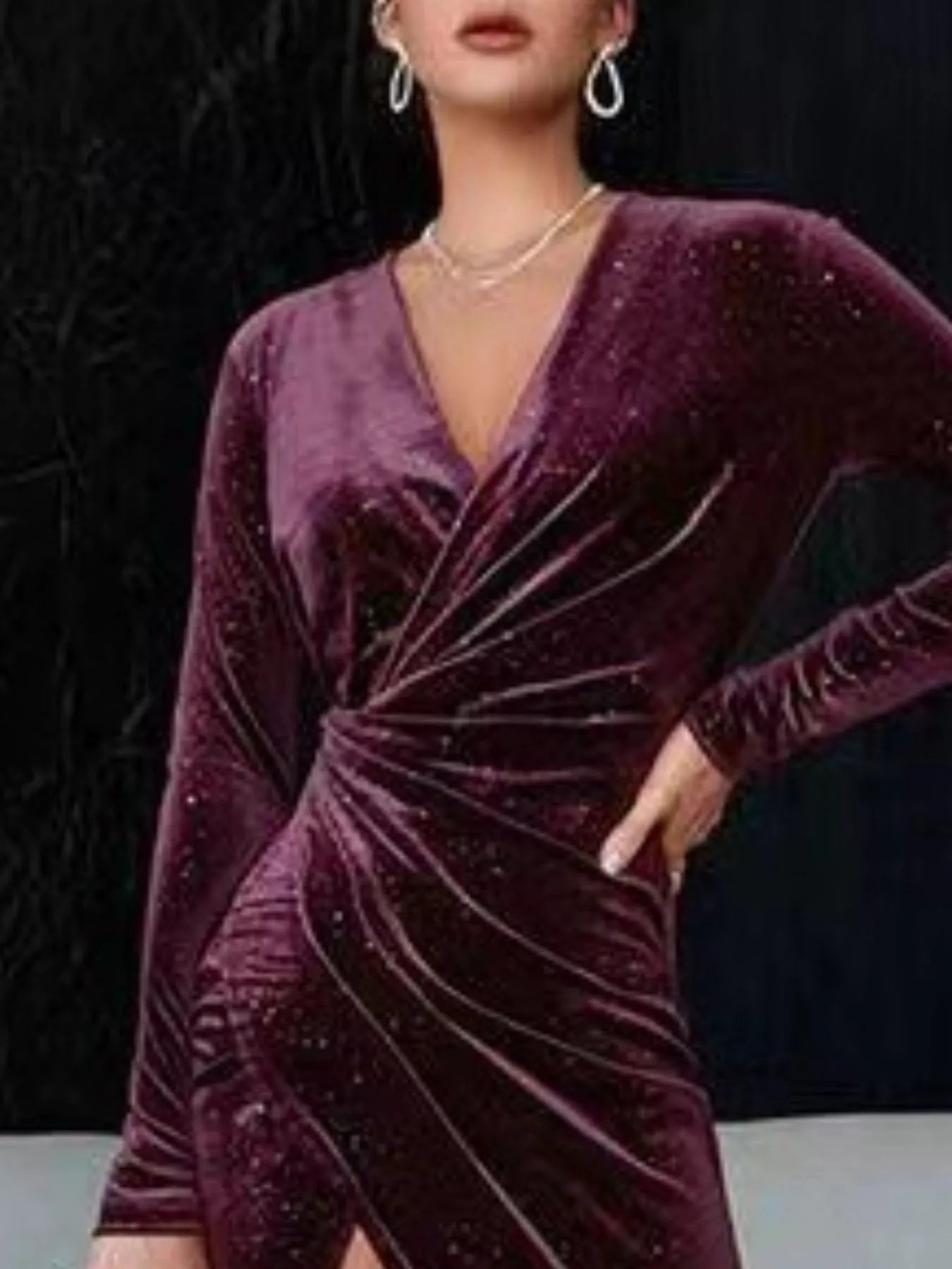 Velvet Ruched Slit Midi Dress Trendsi
