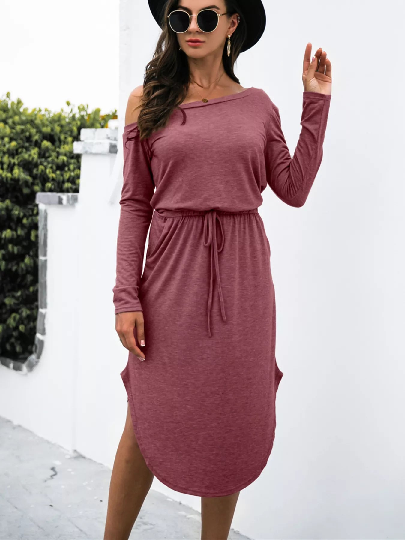 One-Shoulder Long Sleeve Midi Dress with Drawstring Waist OutfitFlow