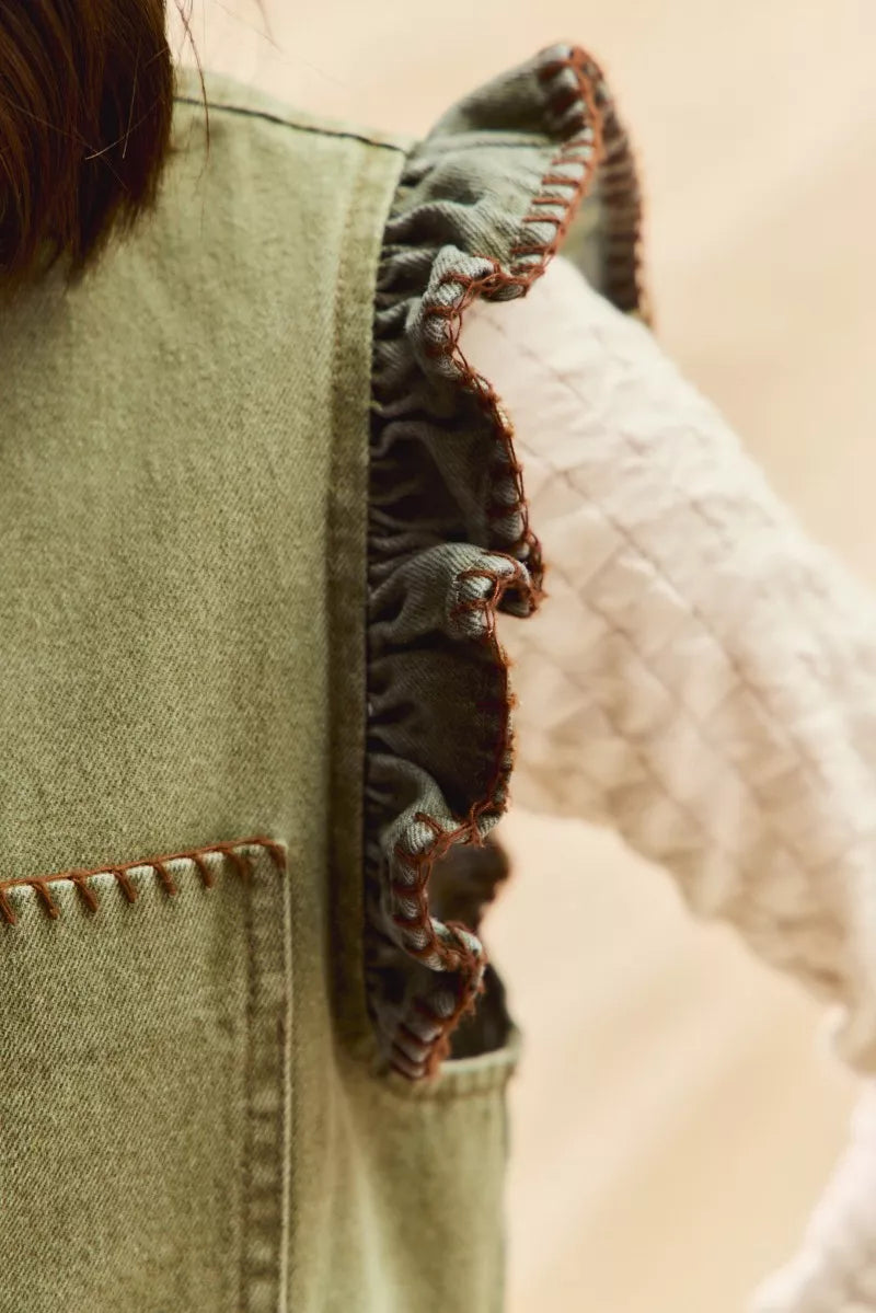 SO ME Washed Denim Stitch Ruffled Hidden Button Vest Top OutfitFlow