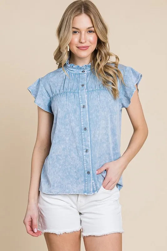 Lime 'N' Chili Mineral Wash Flutter Sleeve Button Down Shirt OutfitFlow