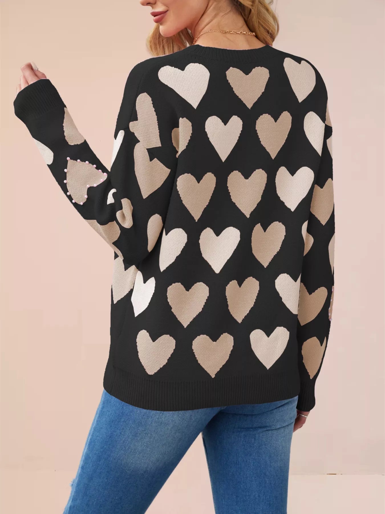 Heart Pattern Beaded Round Neck Sweater OutfitFlow