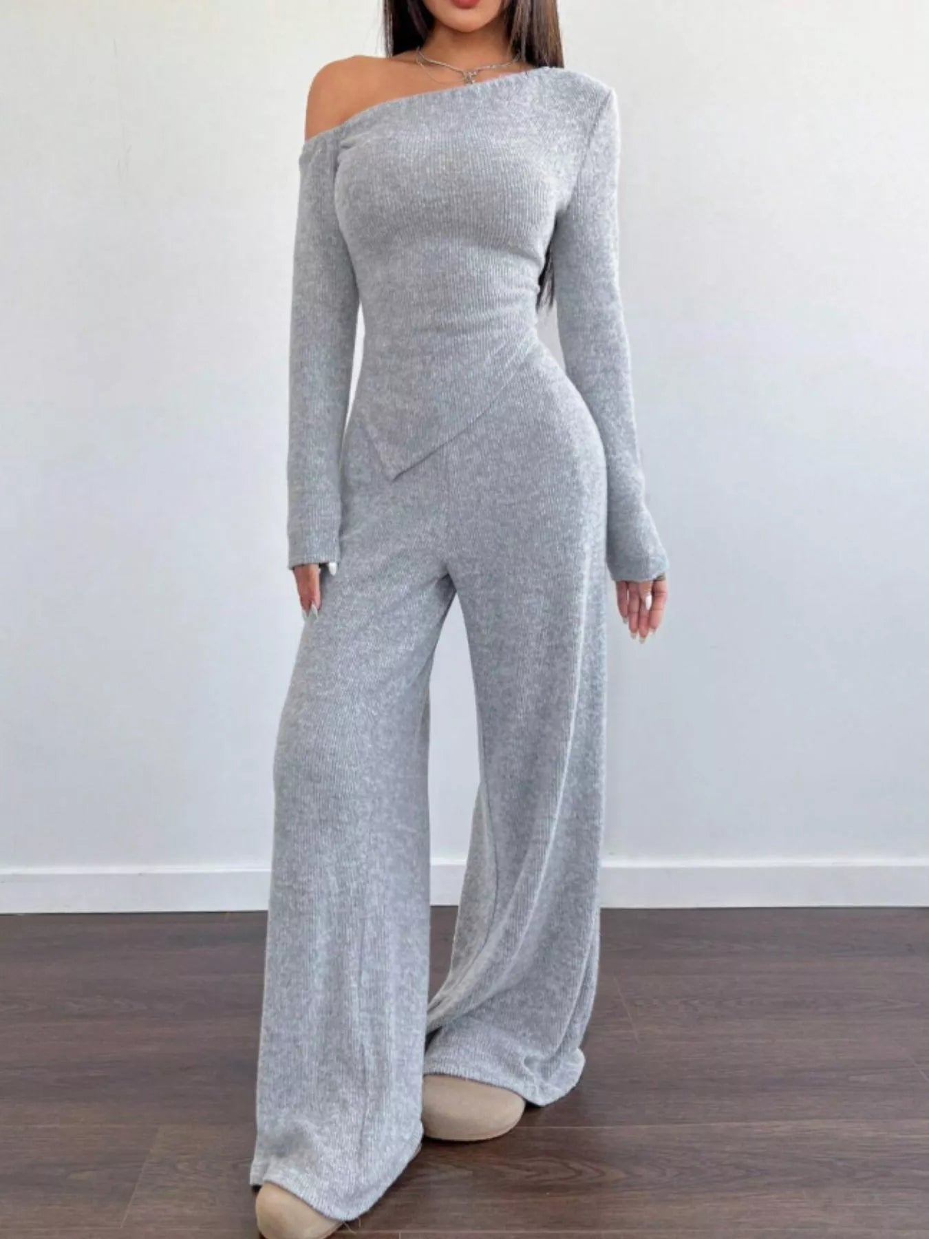One-Shoulder Long Sleeve Top and Pants Set OutfitFlow