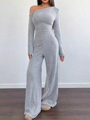 One-Shoulder Long Sleeve Top and Pants Set OutfitFlow