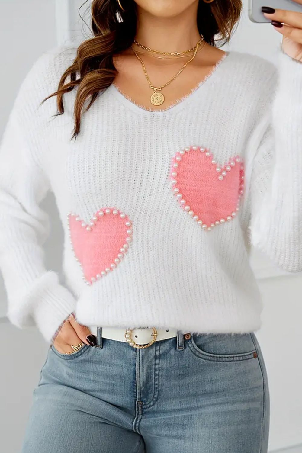 Outfit Flow - Heart V-Neck Long Sleeve Sweater