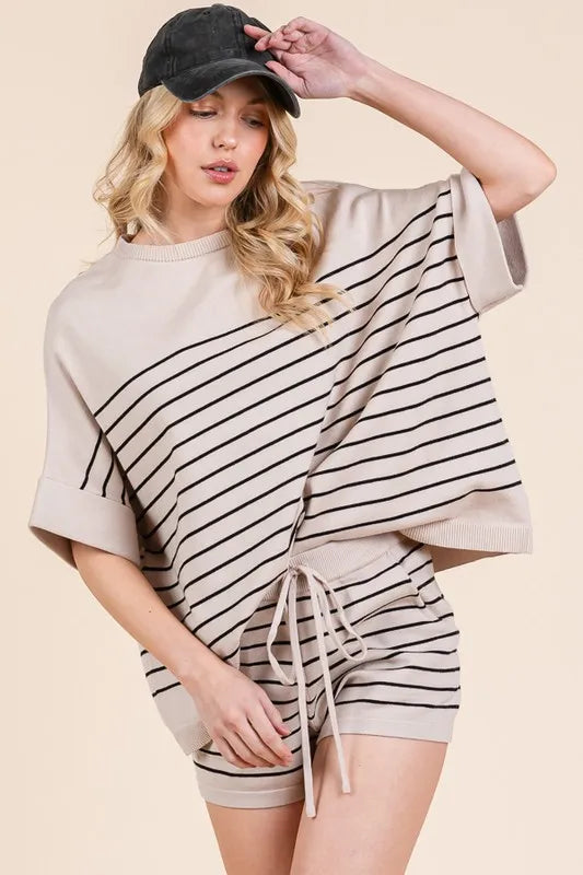 Lime 'N' Chili Striped Folded Half Sleeve Top and Shorts Set OutfitFlow