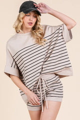 Lime 'N' Chili Striped Folded Half Sleeve Top and Shorts Set OutfitFlow
