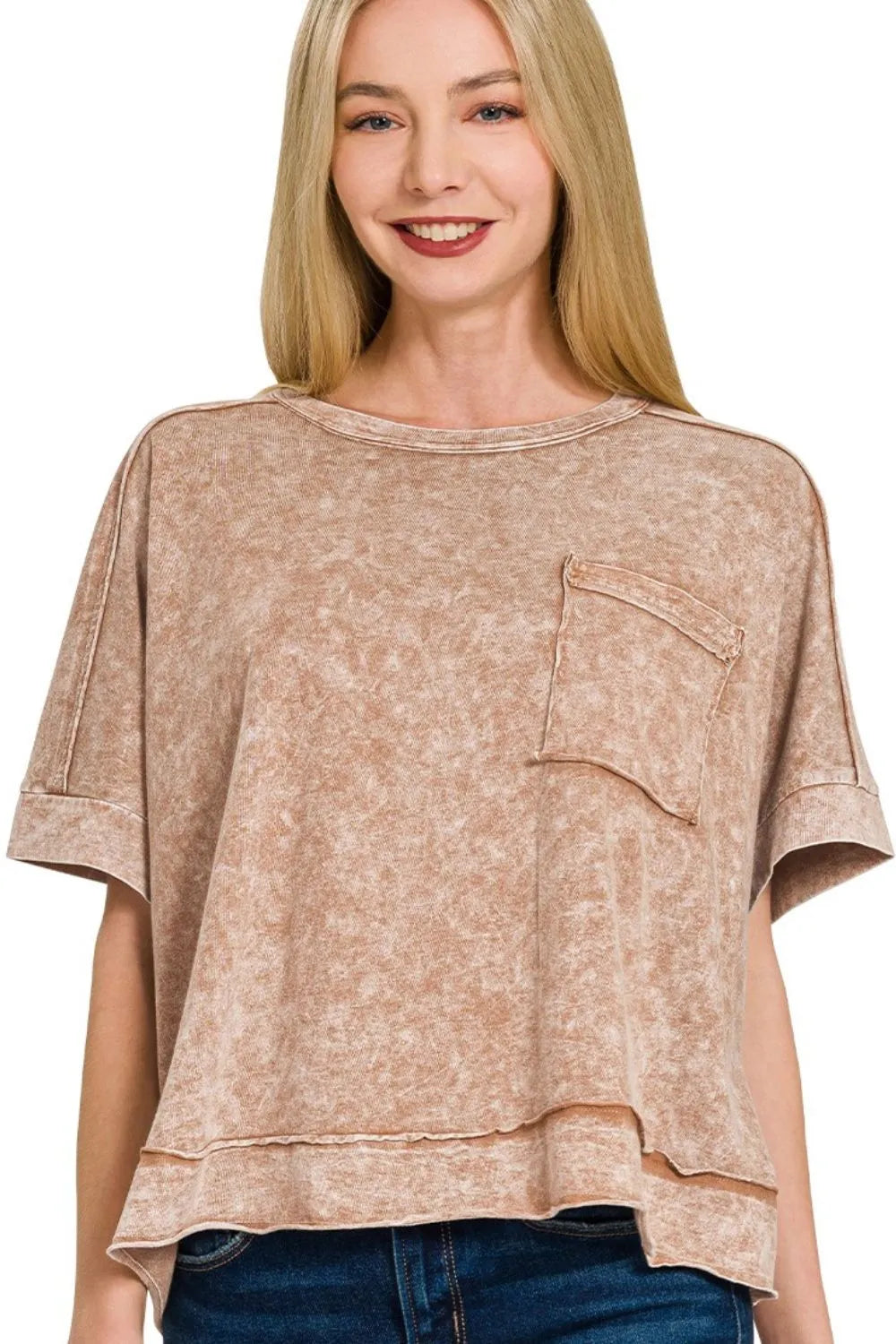Zenana Halo Snow Washed Oversized Crop Box Tee BROWN OutfitFlow
