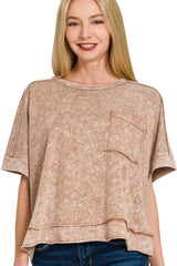 Zenana Halo Snow Washed Oversized Crop Box Tee BROWN OutfitFlow