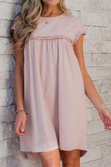 Frilled Trim Crew Neck Cap Sleeve Loose Fit Mini Dress OutfitFlow