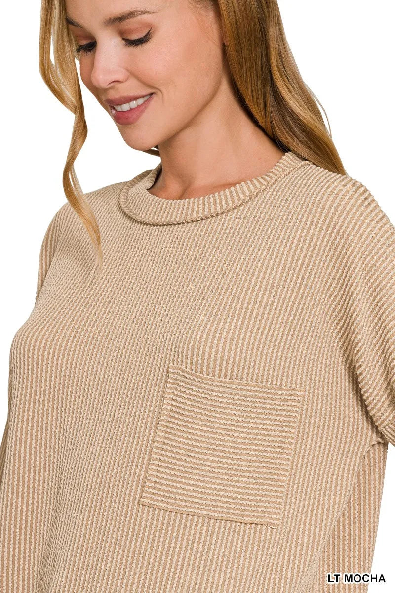 Zenana Long Sleeve Drop Shoulder Rib Top Trendsi