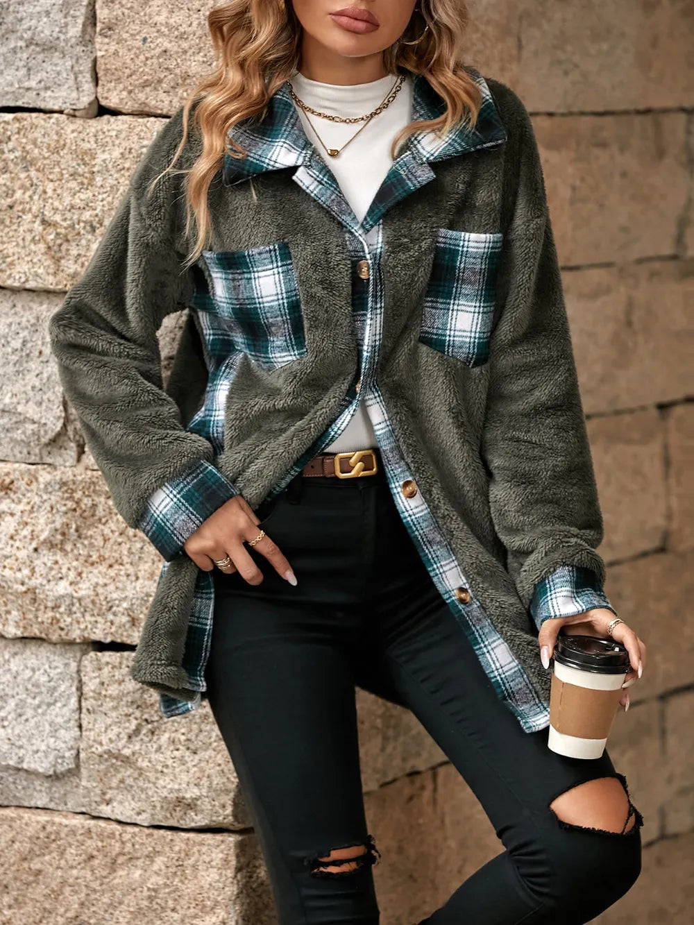 Plaid Contrast Dropped Shoulder Coat OutfitFlow