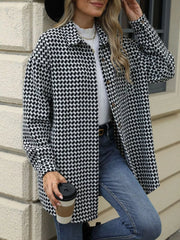 Houndstooth Button Up Long Sleeve Coat Trendsi