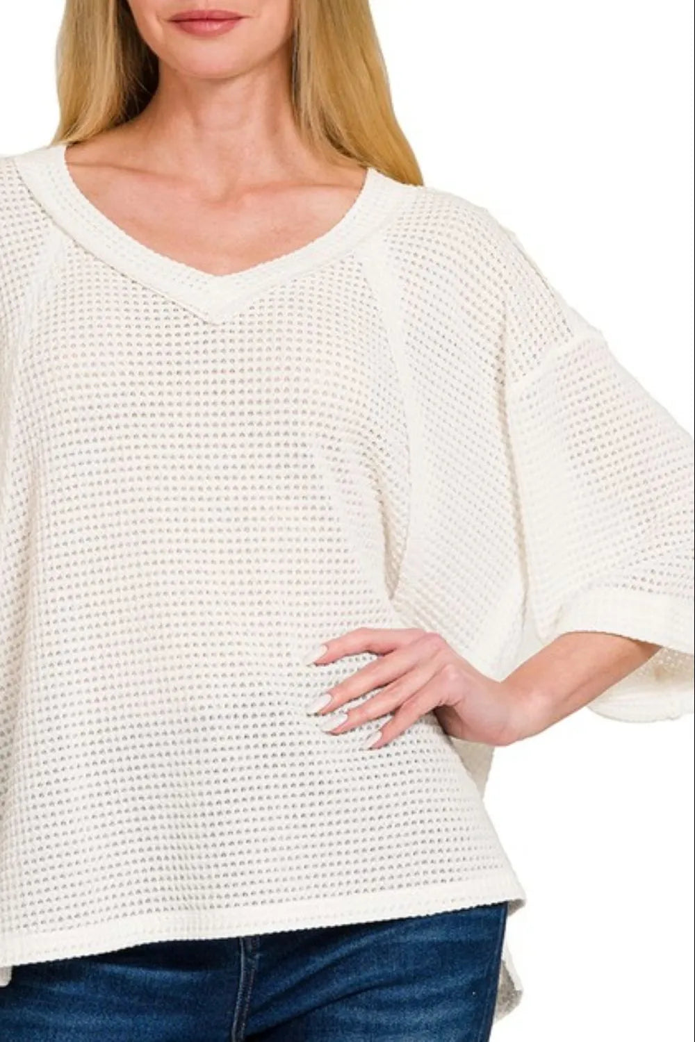 Zenana Brushed Waffle Exposed-seam 3/4 Sleeve Top OutfitFlow