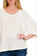 Zenana Brushed Waffle Exposed-seam 3/4 Sleeve Top OutfitFlow