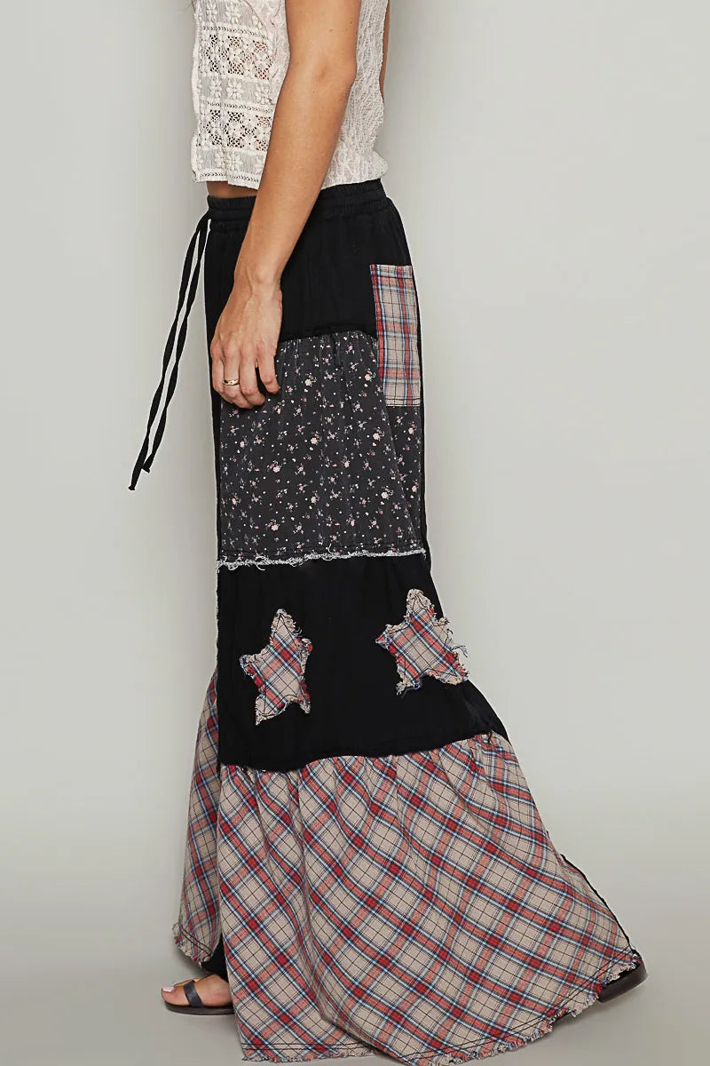 POL Drawstring Star Patch Contrast Wide Leg Pants OutfitFlow