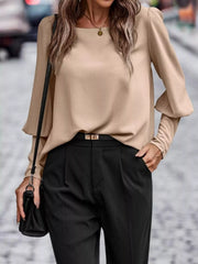 Back Button Lantern Sleeve Blouse OutfitFlow