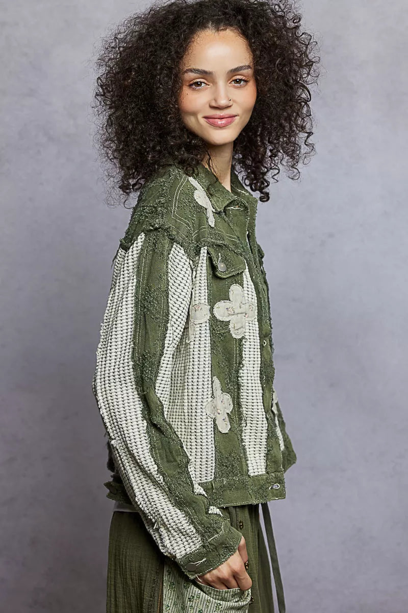 POL Button Down Raw Hem Jacket with Floral Patch OutfitFlow