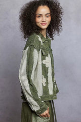 POL Button Down Raw Hem Jacket with Floral Patch OutfitFlow