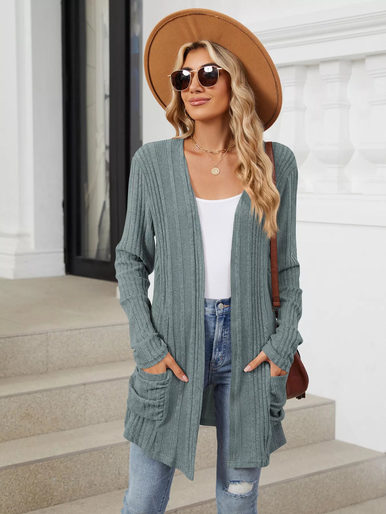 Open Front Long Cardigan Blue OutfitFlow