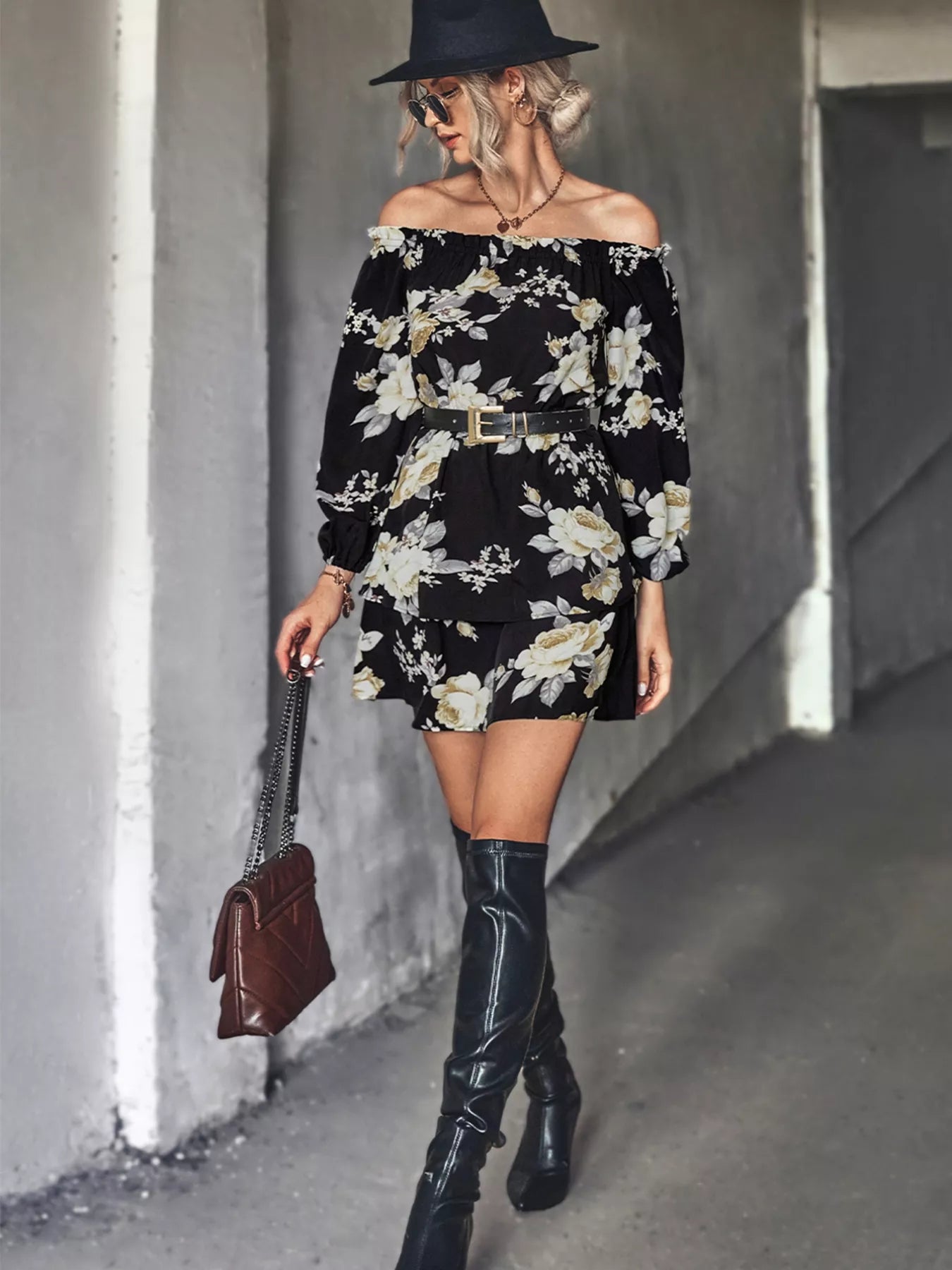 Off-Shoulder Floral Print Long Sleeve Mini Dress OutfitFlow