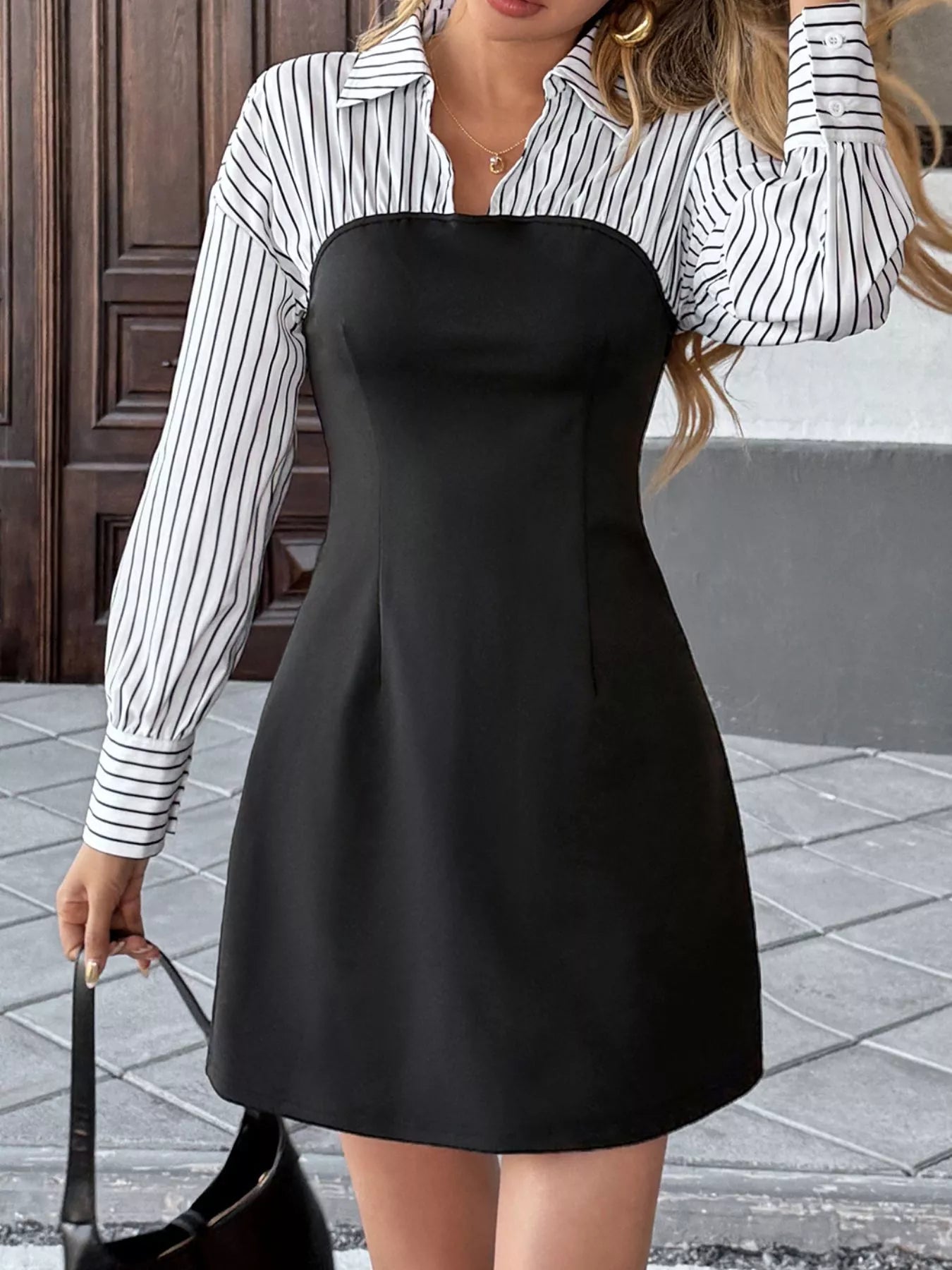 Striped Shirt Panel Bodycon Mini Dress OutfitFlow