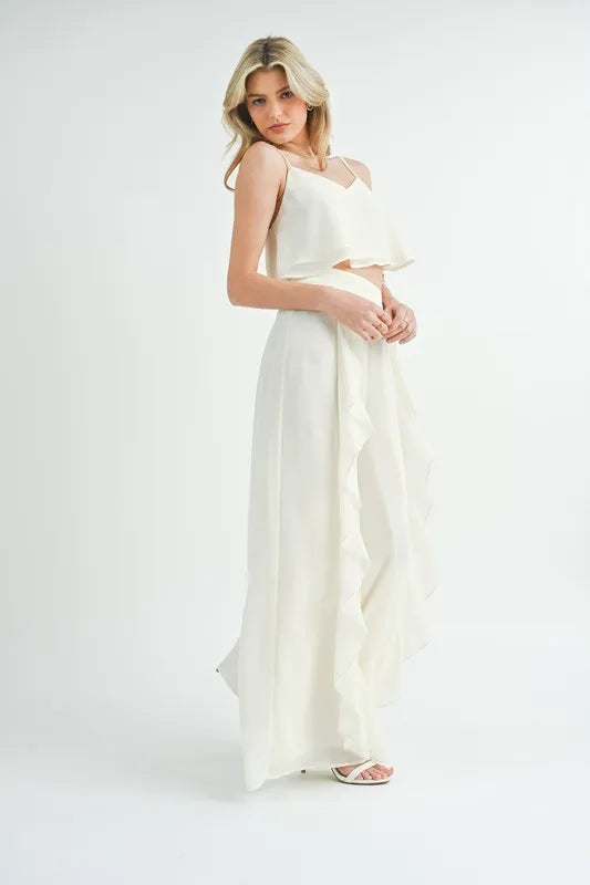 MABLE Crop Cami and Ruffled Wide Leg Pants Set OutfitFlow