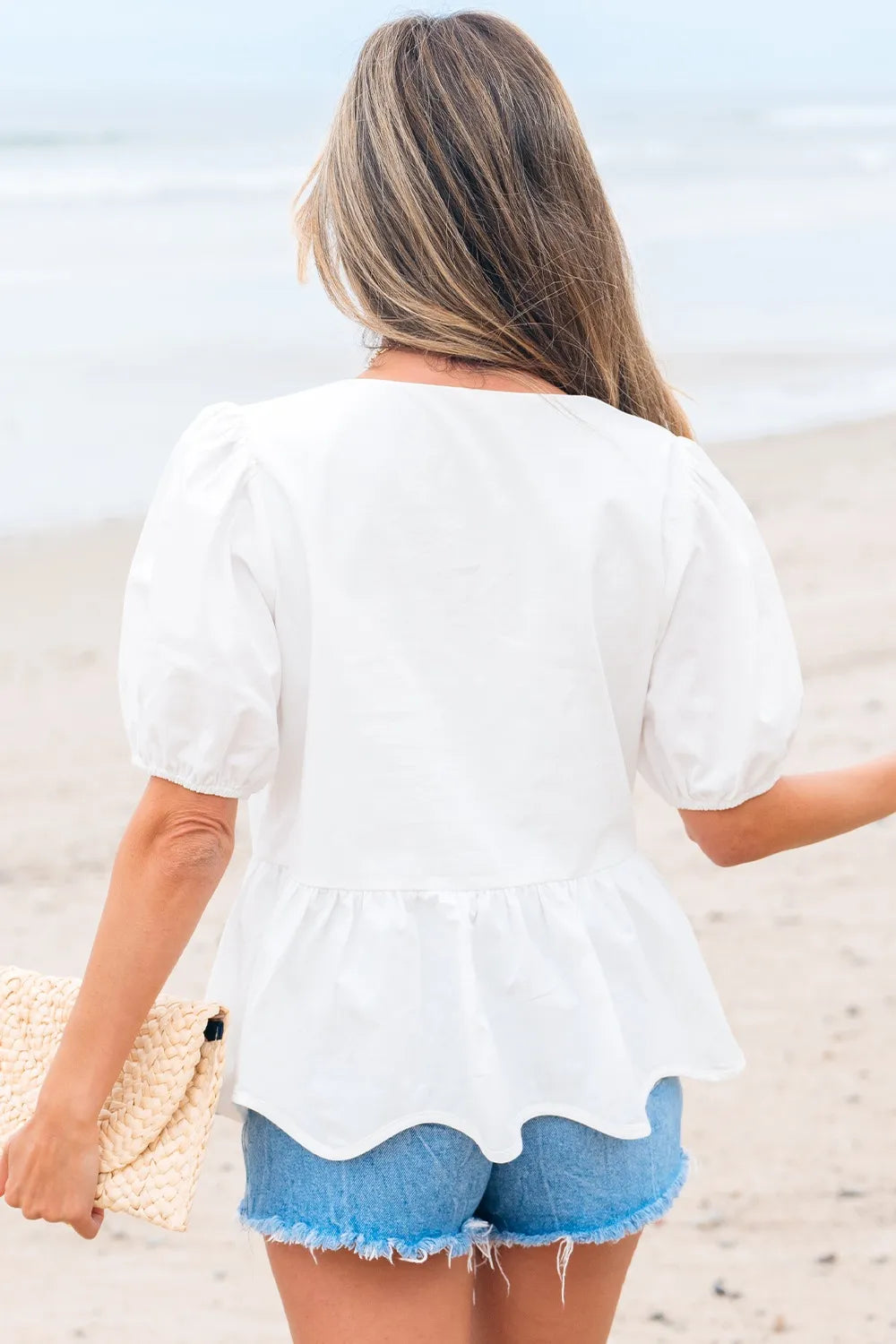 Bow Knot Decor Square Neck Puff Sleeve Peplum Top OutfitFlow