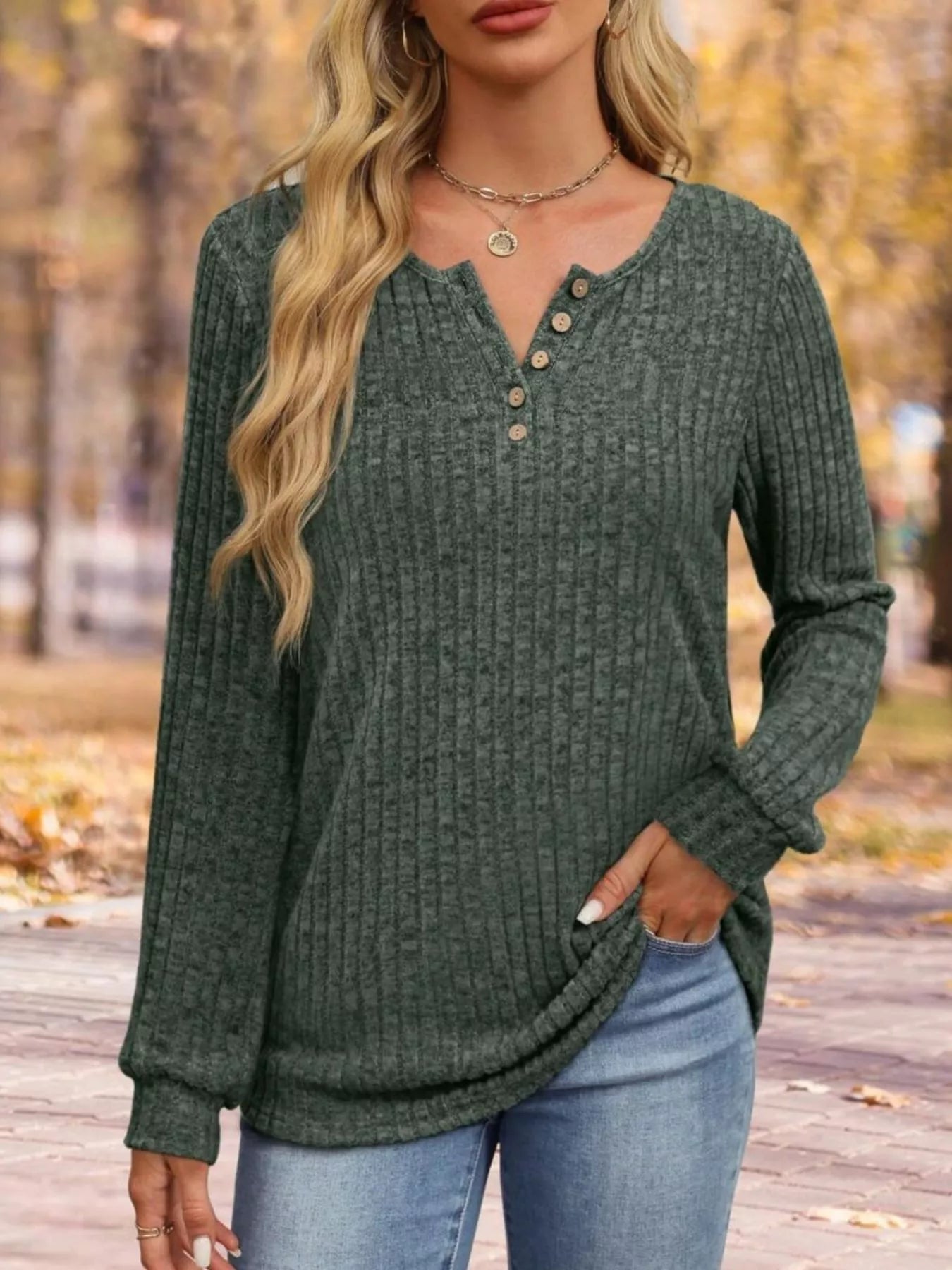 Ribbed Knit Button-Front Long Sleeve T-Shirt Green OutfitFlow