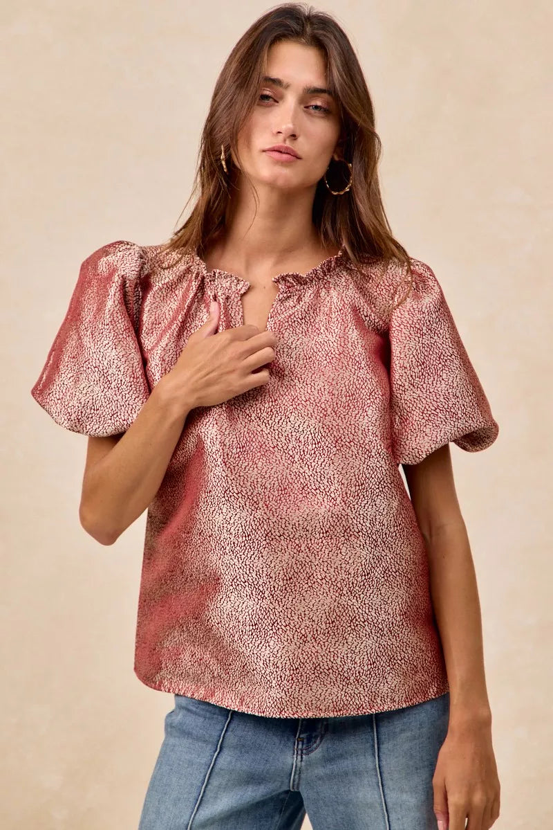BiBi Jacquard Woven Short Balloon Sleeves V Neck Top OutfitFlow