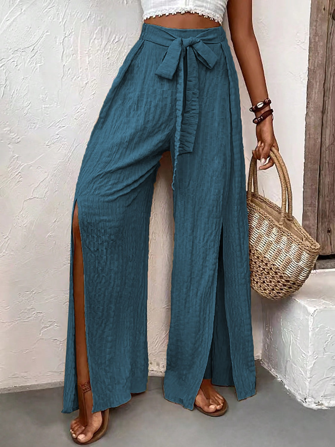 Outfit Flow - Honey Tied Slit Wide Leg Pants