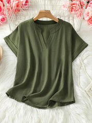 Casual Notched Short Sleeve Blouse OutfitFlow