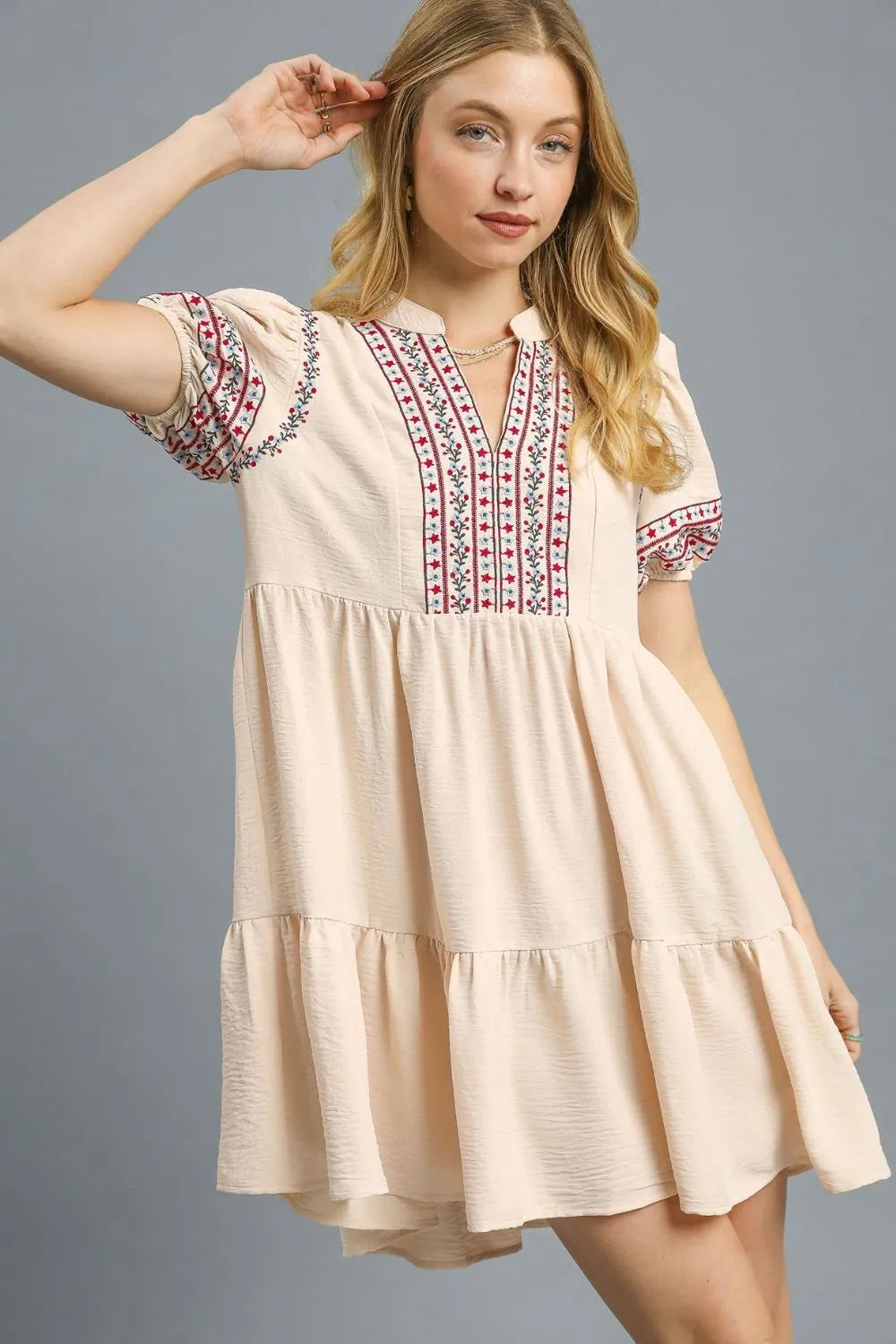Umgee Floral Trim Puff Sleeve Mini Dress Tan OutfitFlow