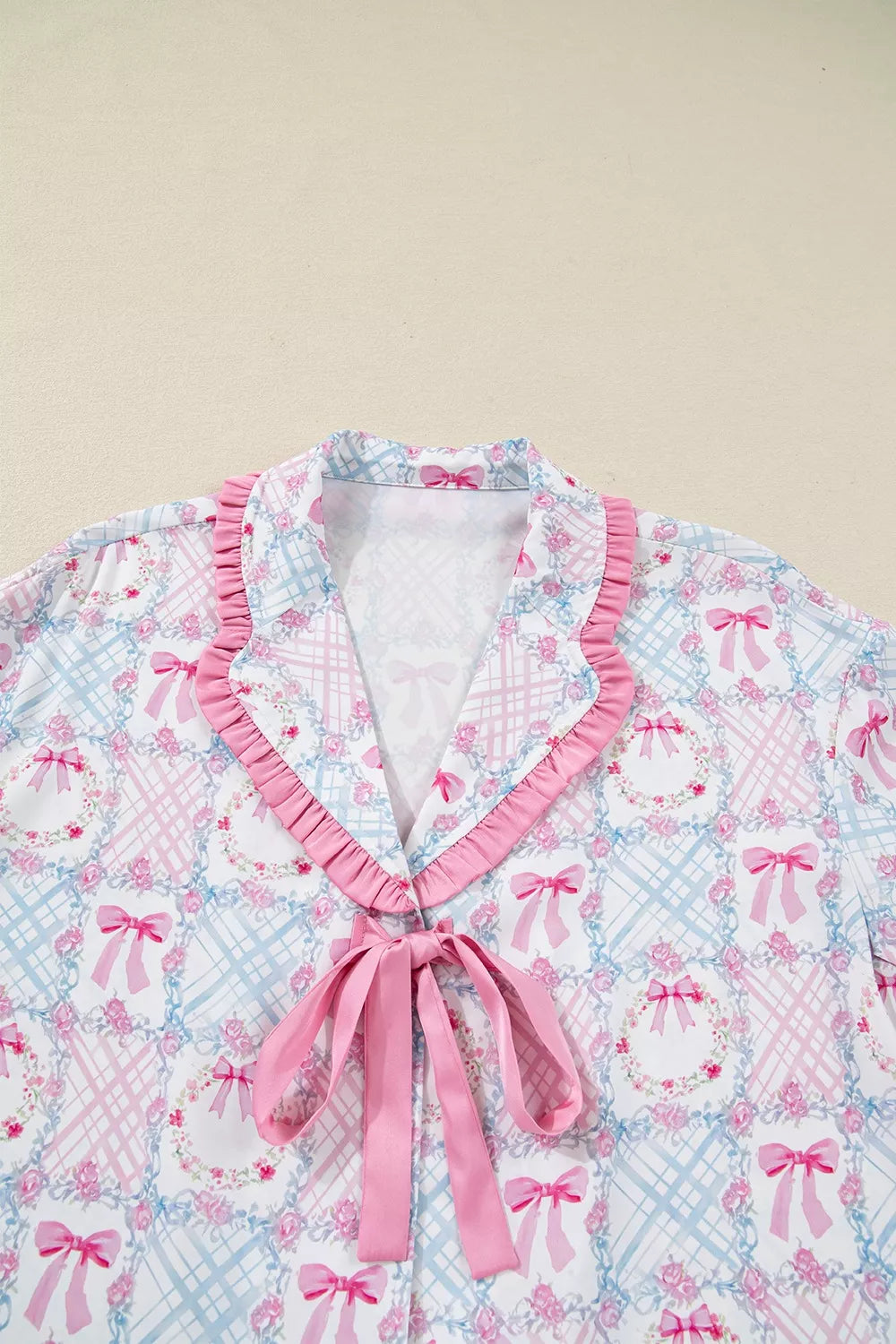 Wreath Pattern Christmas Tied Front Long Sleeve 2pcs Pajama Set OutfitFlow