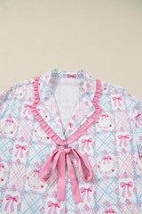 Wreath Pattern Christmas Tied Front Long Sleeve 2pcs Pajama Set OutfitFlow
