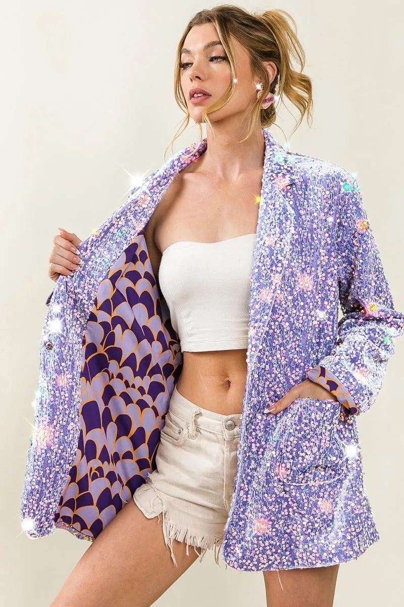 BiBi Velvet Sequins Patch Pockets Single Blazer OutfitFlow