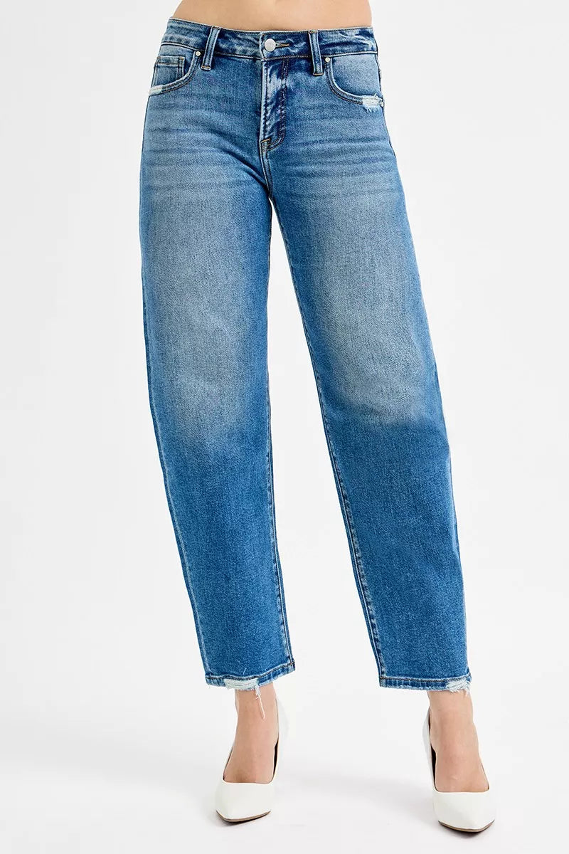 RISEN Tummy Control High Rise Ankle Slim Barrel Jeans OutfitFlow