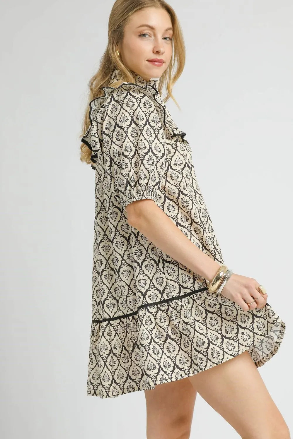 Umgee Ruffled Printed Puff Sleeve Mini Dress OutfitFlow