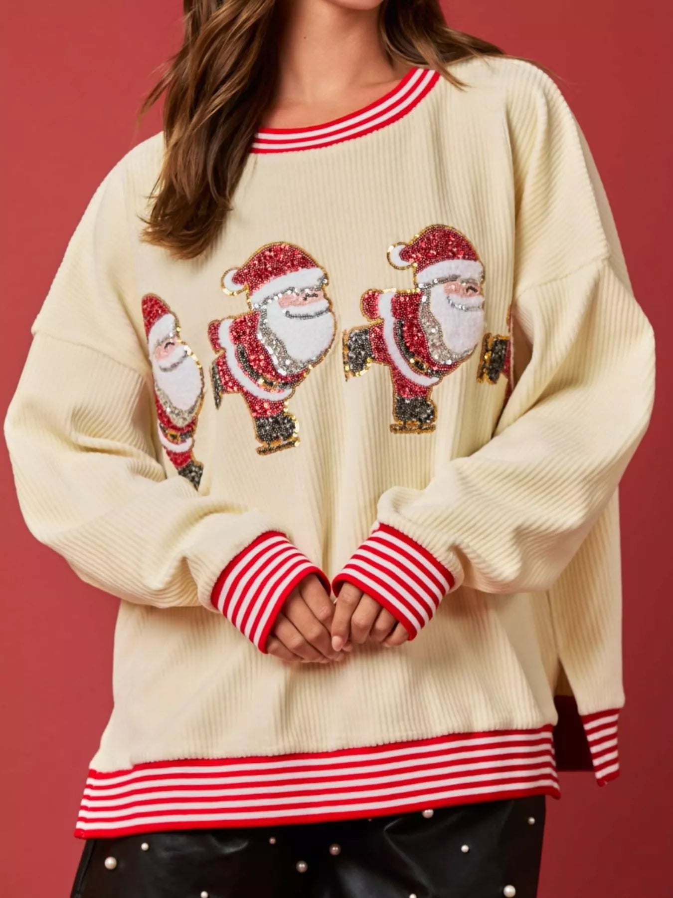 Christmas Sequin Candy Cane and Santa Sweatshirt with Striped Hem OutfitFlow
