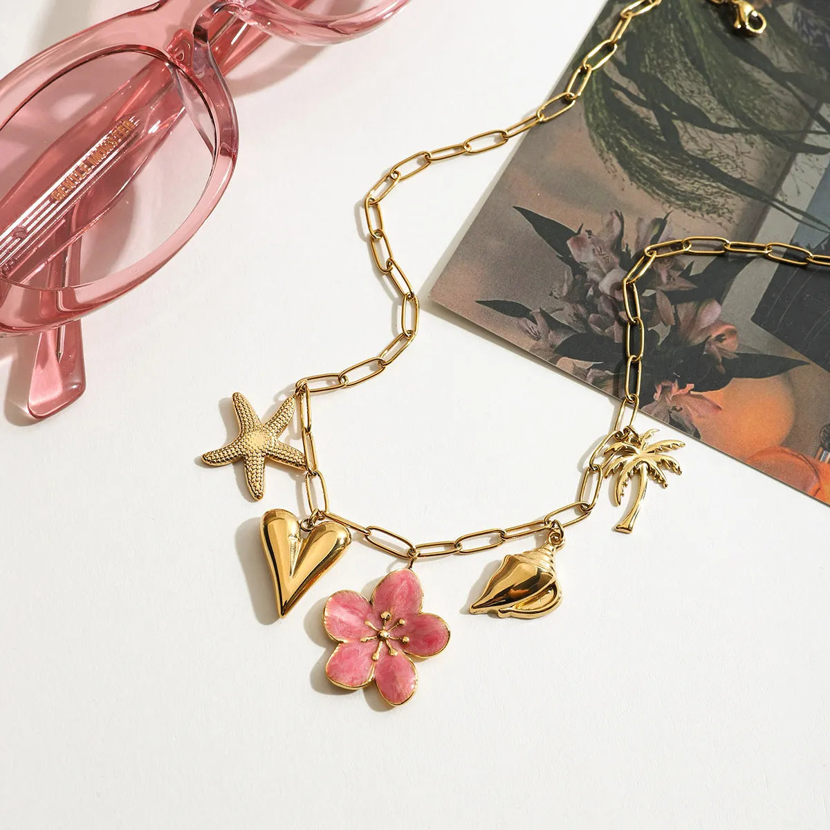 Beach Theme Pendant Necklace with Resin Flower OutfitFlow