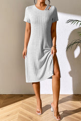 Ivy Lane Ribbed Asymmetrical Neck Short Sleeve Dress OutfitFlow
